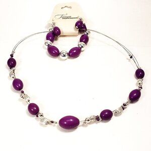 Chic Trio: Necklace, Earrings, Bracelet Silver Tone Purple & Beads Illusion set